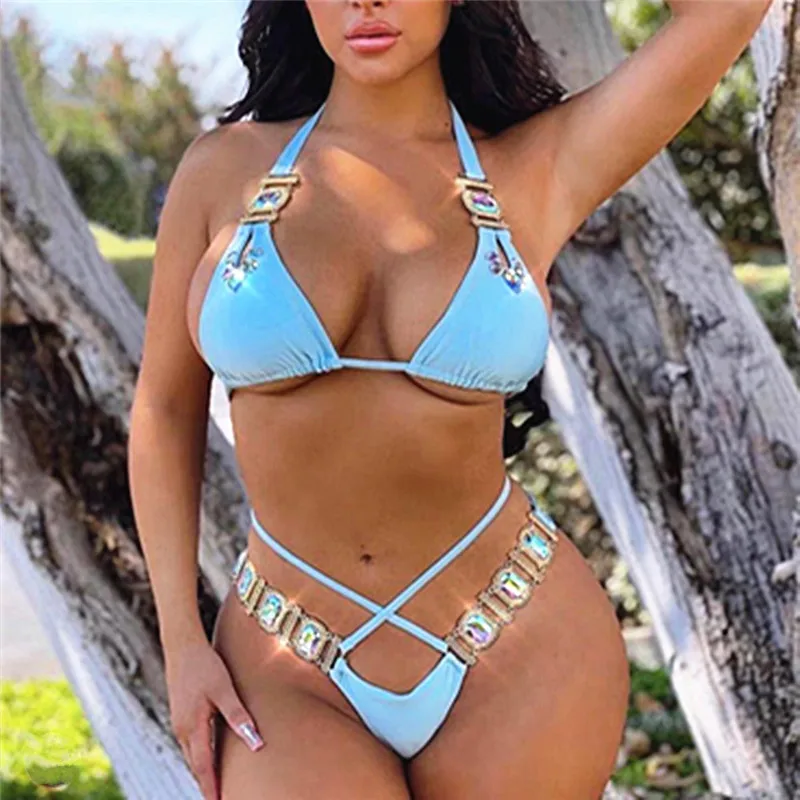 Two Piece Women Swimsuit Fashion Rhinestone Bandage Bikini Set Sexy High Waisted Push Up Summer Swimwear Outfits Beachwear