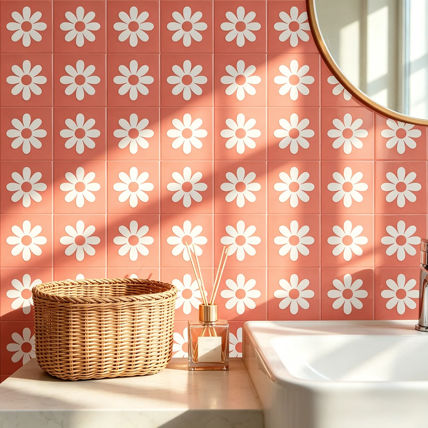 10pcs Warm Orange White Floral Tile Transfers Minimalist Flower Pattern Stickers for Kitchen Bathroom Decor Wall Art DIY