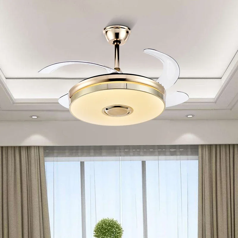 Living Room Hidden Retractable Blades Bluetooth Speaker LED Ceiling Fan with Lighting Remote Control Luminous Light 90 Modern