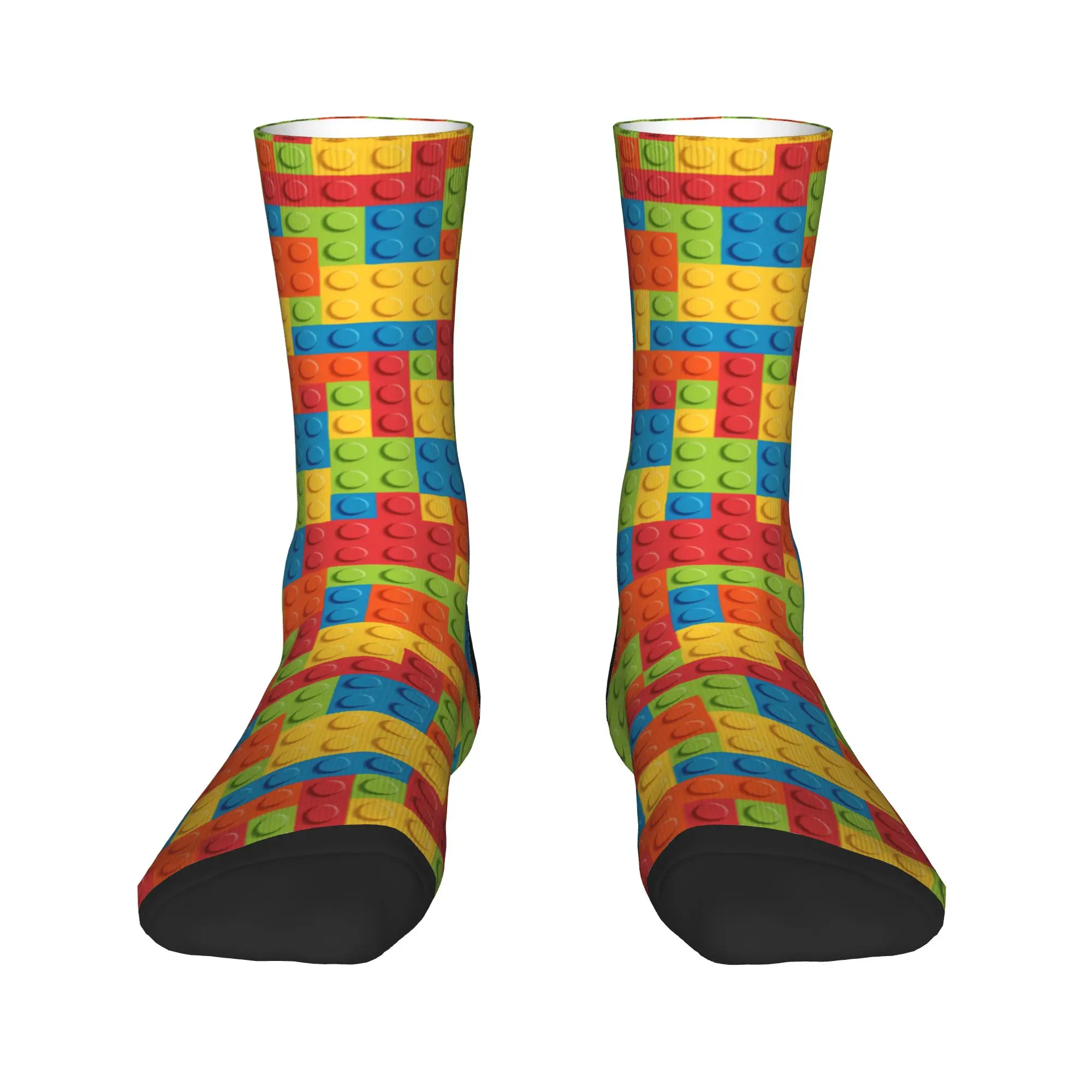 Neon Multicolor Building Blocks Pattern Socks  Vintage Stockings Couple Medium Soft Running Socks Autumn Pattern Non-Slip Socks