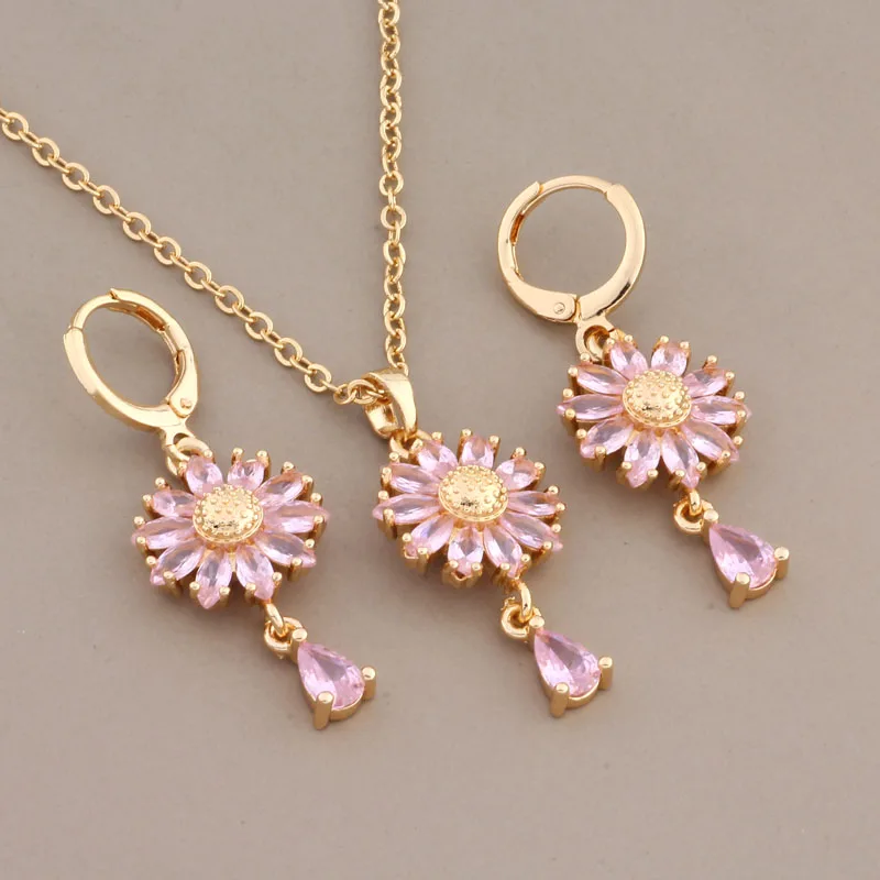 New Luxury Jewelry Sets Of Necklaces And Earrings Gold Color Flower Earrings Pink Natural Zircon Daily High Quality Jewelry Sets