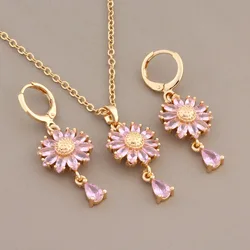 New Luxury Jewelry Sets Of Necklaces And Earrings Gold Color Flower Earrings Pink Natural Zircon Daily High Quality Jewelry Sets