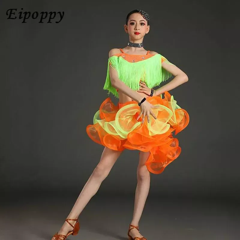 Modern Latin Sequined Ballroom Party Dancing Dress Child Dancing tutu dress clothes For Girls