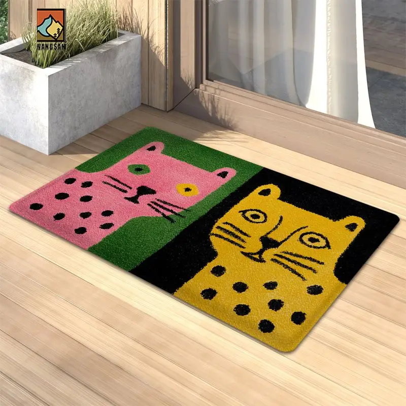 VIKAMA Color Block Leopard Doormat Abstract Cartoon Animal Print Non‑Slip Floor Mat Entryway Porch Home Decor