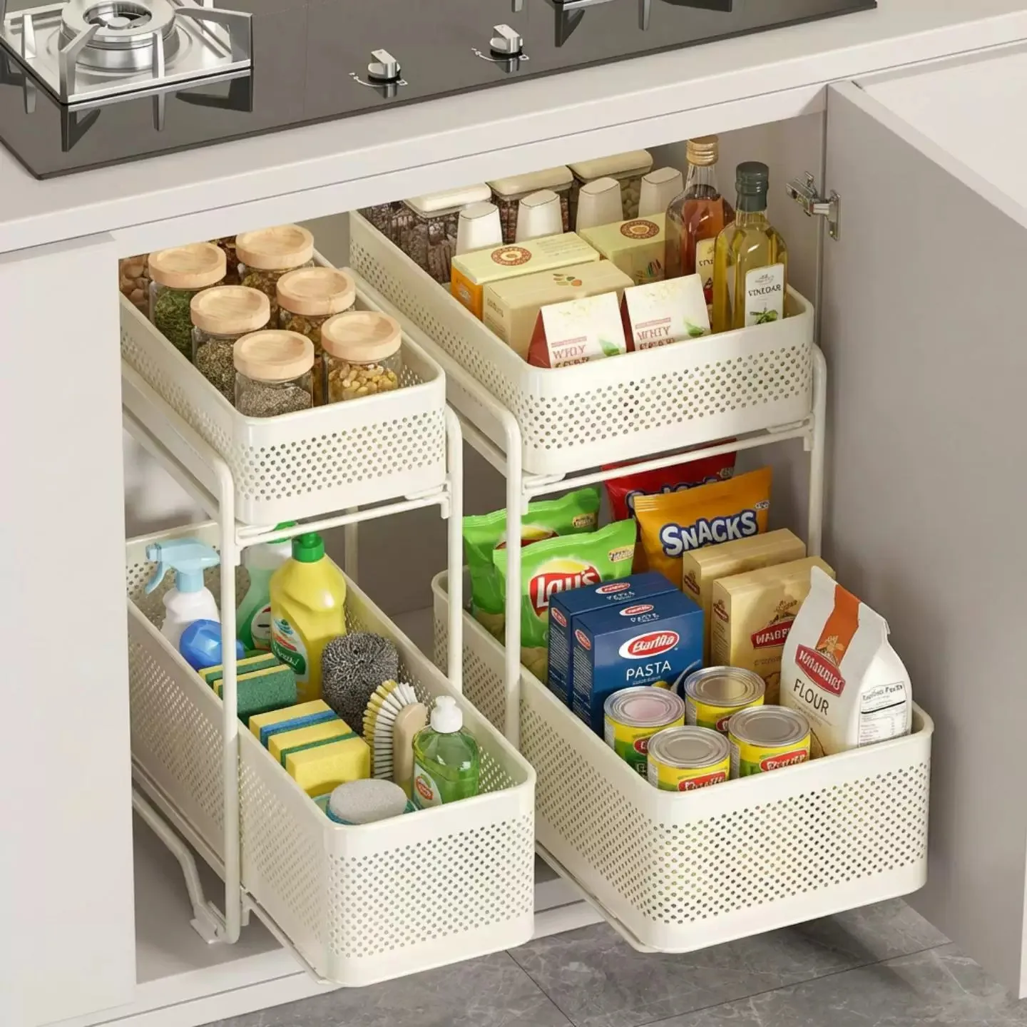Pull Out Cabinet Organizer Carbon Steel Adjustable Sliding Storage Rack Kitchen Cupboard Pantry Cookware Dishes Seasoning 3