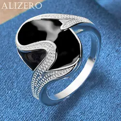 ALIZERO 925 Sterling Silver Round Obsidian Ring For Women Men Engagement Wedding Band Couple Rings Fashion Jewelry Gifts