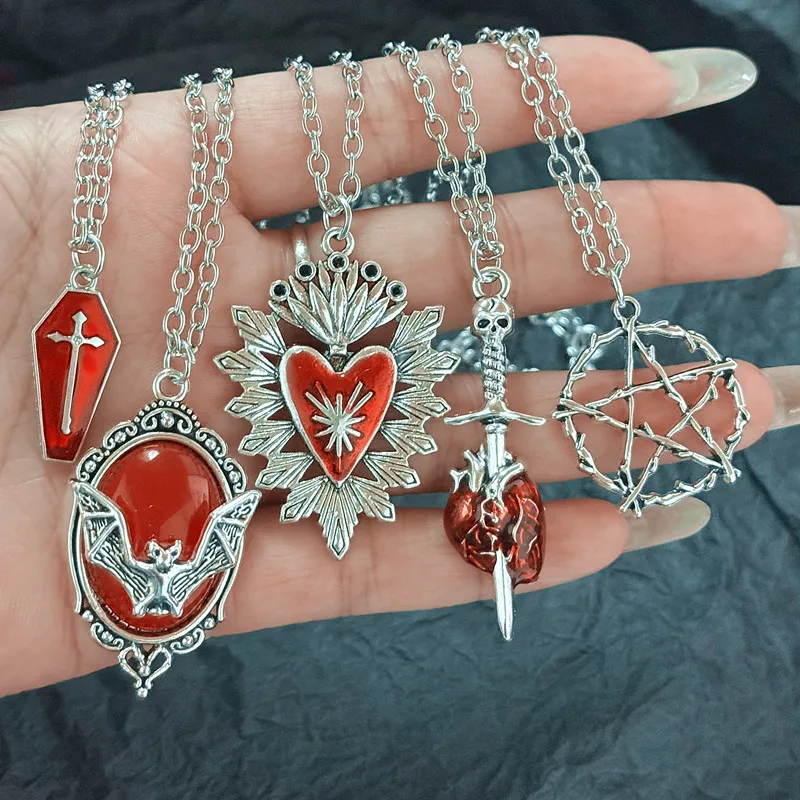 Y2K Vintage Punk Style Necklace Featuring Bat Coffin, Arrow Red Heart Star Designs with Stainless Steel Chain