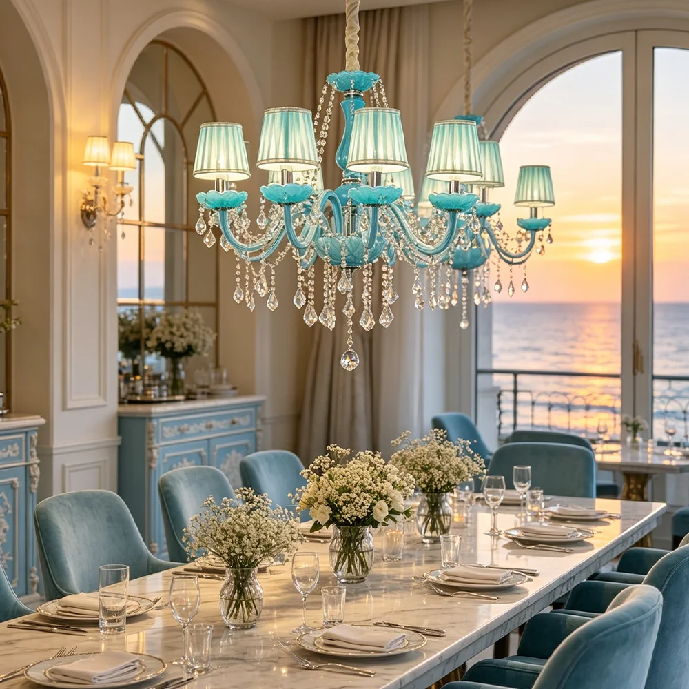 Blue Crystal Pendent Lamp Luxurious Candle Lamp Warm Restaurant Chandelier Ceiling Light Chandeliers for Hotels and Resorts