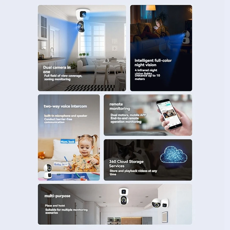 Cámara de vigilancia con doble lente para el hogar, Monitor de bebé, protección de seguridad, Wifi, PTZ, intercomunicador de vídeo, 2MP