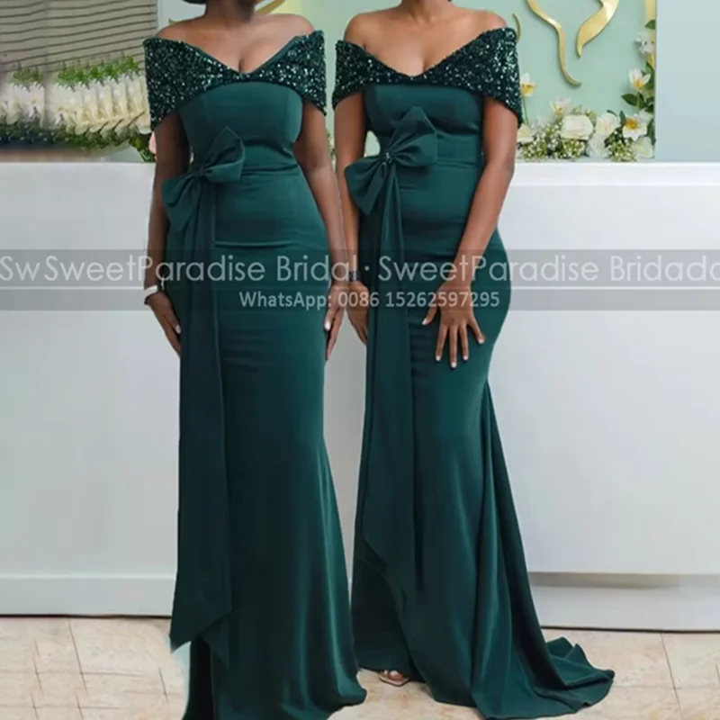 Mermaid Bridesmaid Dresses With Short Sleeves Sequins Off Shoulder Bow Customized Emerald Green Long Sheath Wedding Party Dress