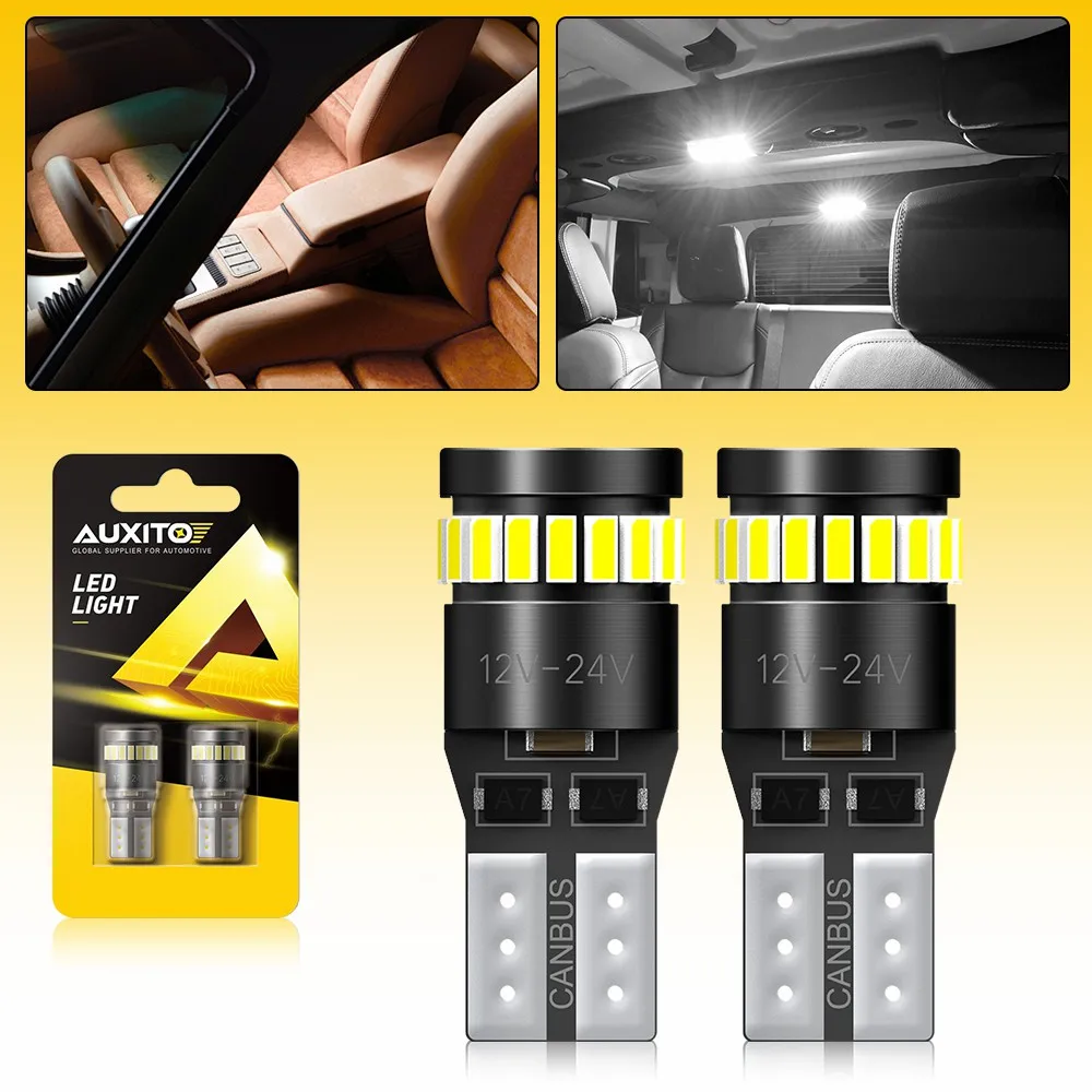 AUXITO 2Pcs Canbus W5W T10 24V LED For Truck Interior Position License Plate Light Car Lamp Bulbs 12V-24V Super Bright 6000K SMD