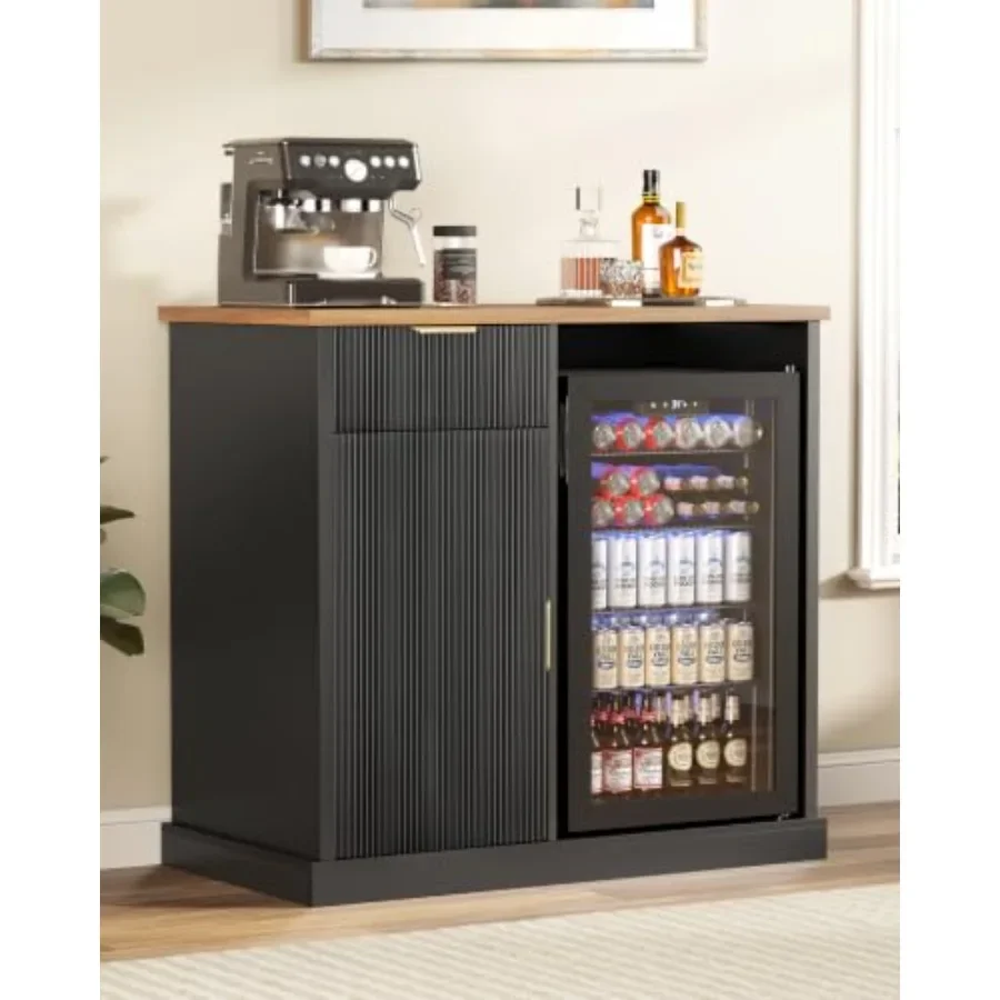 39 Fluted Coffee Bar Cabinet with Mini Fridge Space, Black for Kitchen Use, Engineered Wood, Matte Black Finish, Space-Saving D