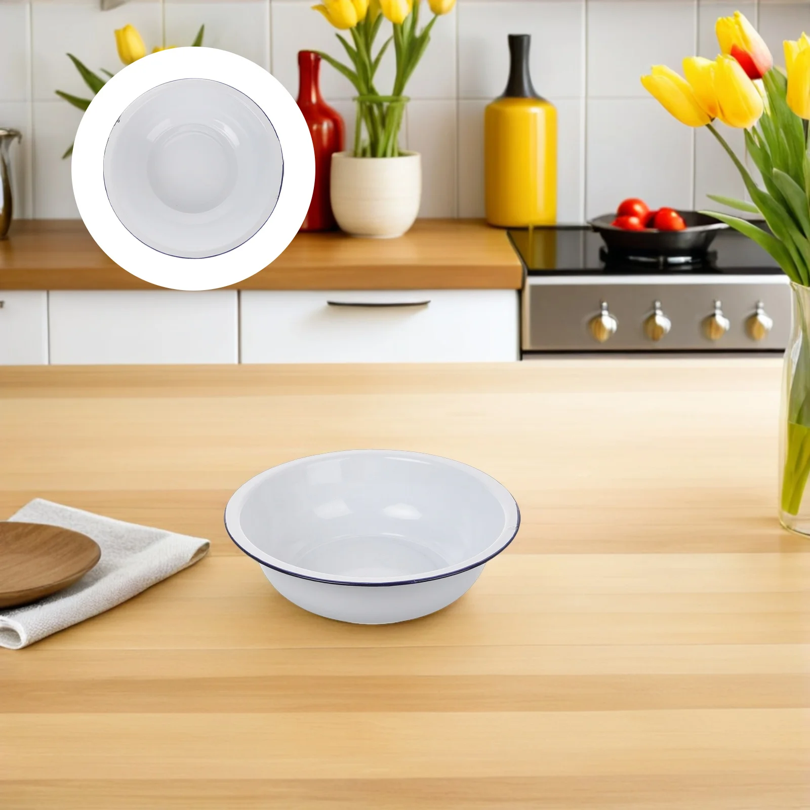 

Vintage Enamel Basin Large White Kitchen Bowl for Washing Vegetables Mixing Dough Serving Food Versatile Elegant Design