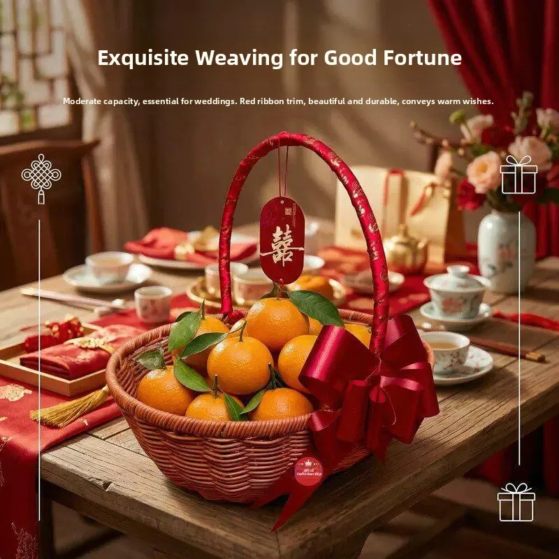 

Handwoven Wedding Engagement Basket Basket Fruit Basket Imitation Wicker Knot Ribbon with Words Home Decor Flower Vase