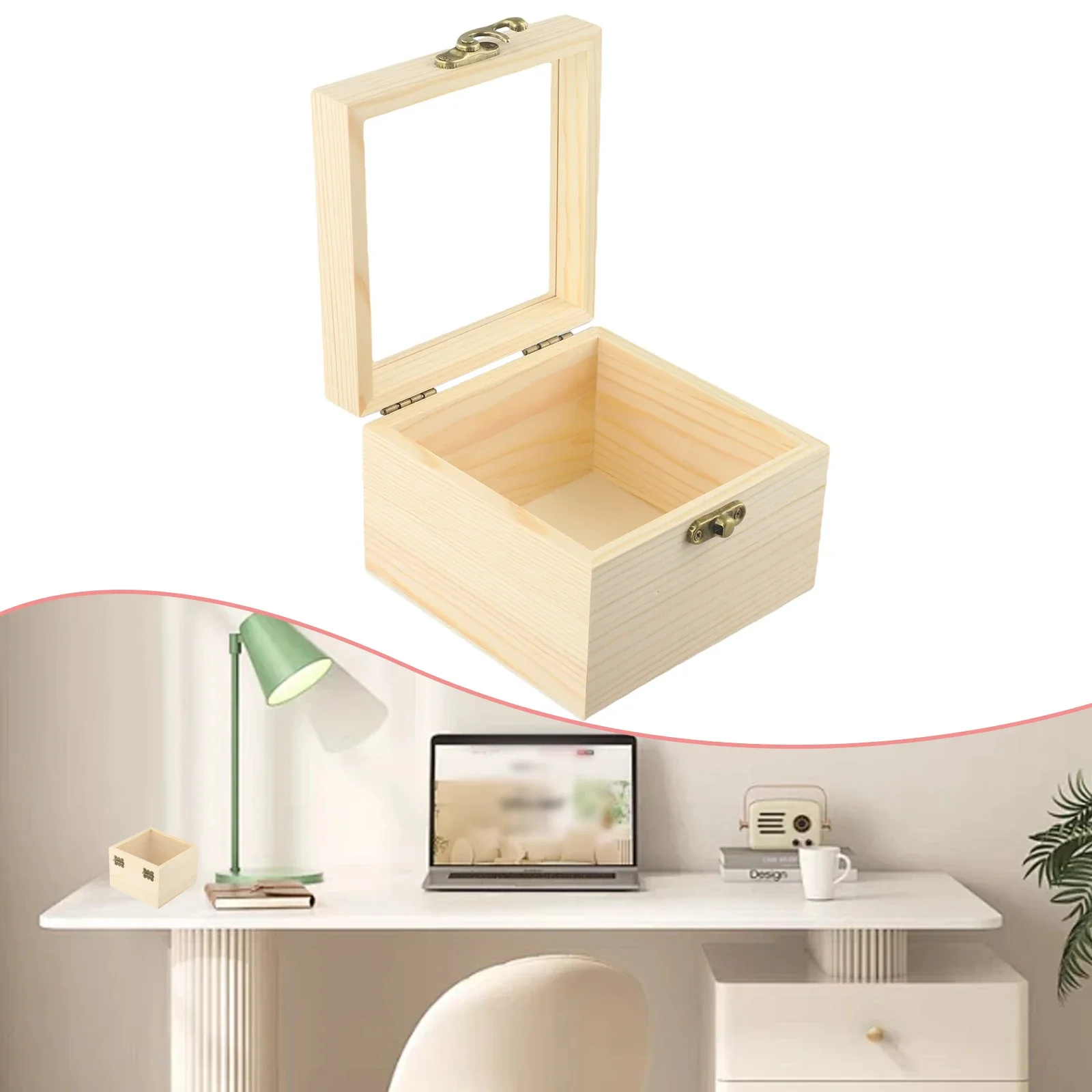 صندوق تخزين خشبي، صناديق خشبية عادية مع غطاء شفاف، صندوق هدايا مربع متعدد الوظائف، منظم تخزين المجوهرات الخشبية