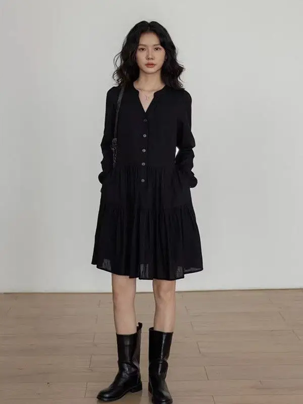 

plus Size Casual Long Sleeve V-Neck Women's Dress Spring Season A-Line Midi Dress Comfortable Breathable Skin-Friendly