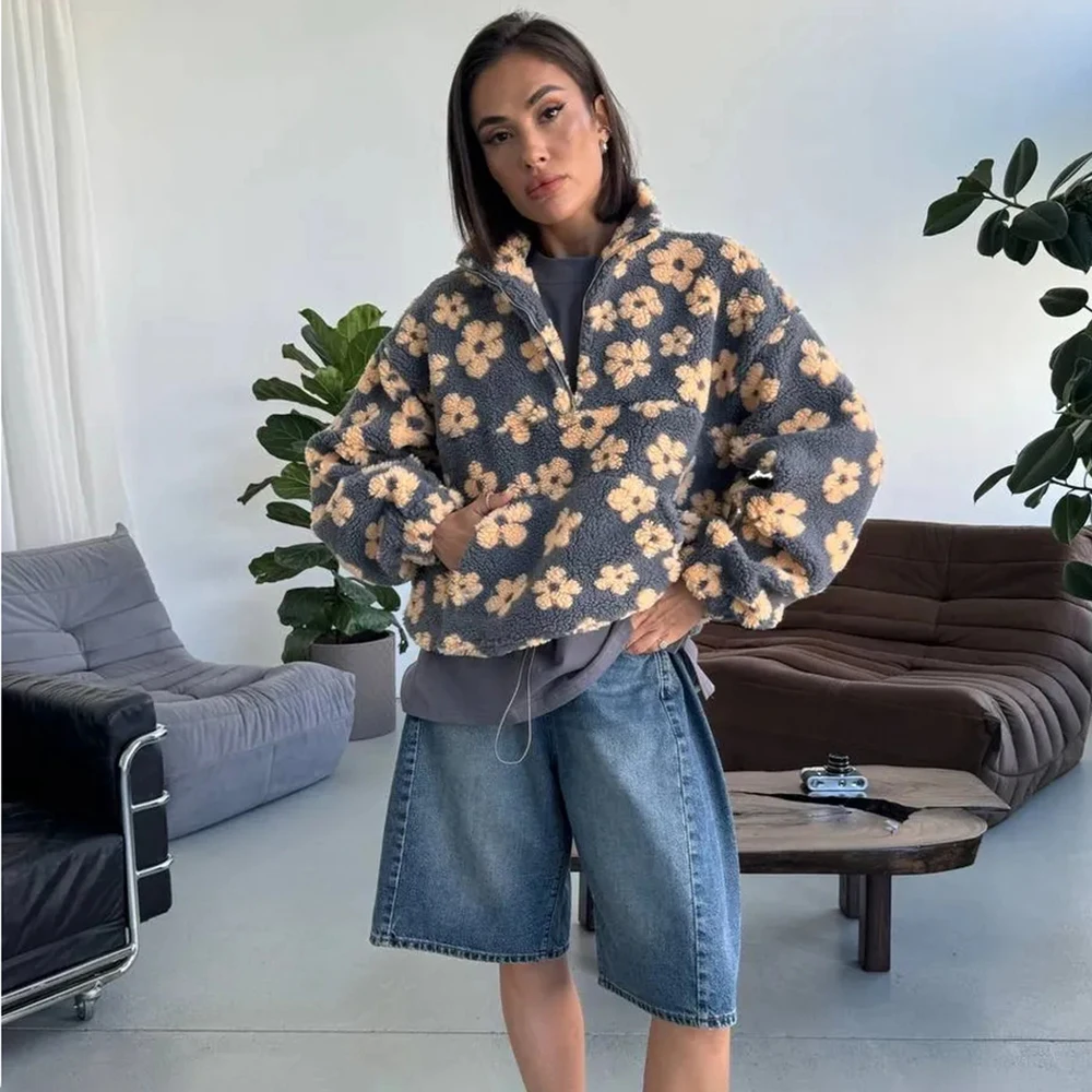 

Ticketsx Floral Print Imitation Lamb Wool Hoodie Women's Full Sleeve Zip Pocket Loose Top Lady Autumn Chic Casual Holiday Coat