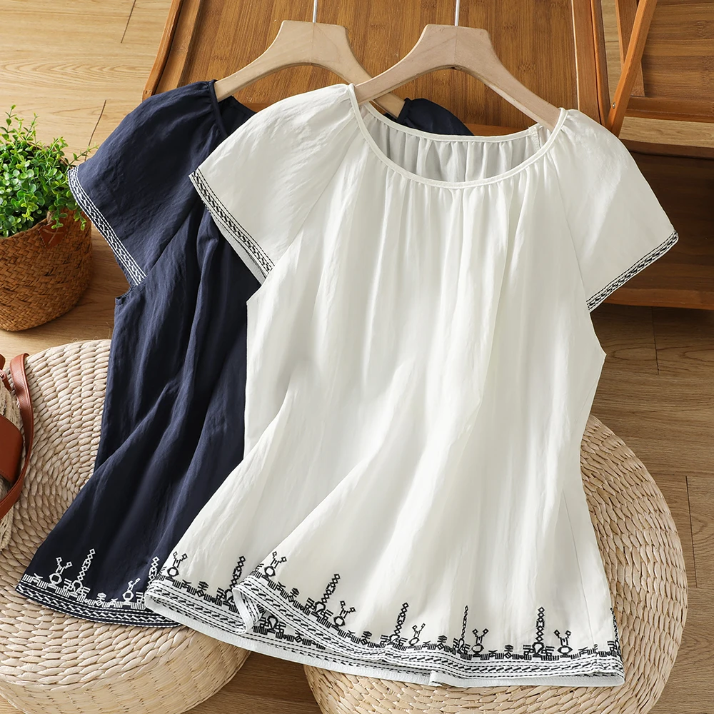 Elegant Ladies O-neck Short Sleeve Summer Cotton Blouses Women Boho Style Holiday Beach Embroidery Top White Navy Blue T-shirt view 3