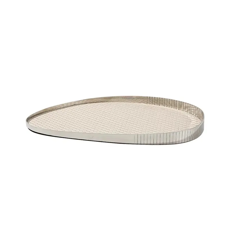 Modern Woven Texture Decorative Tray Stainless Steel Leather Luxury Home Ornament