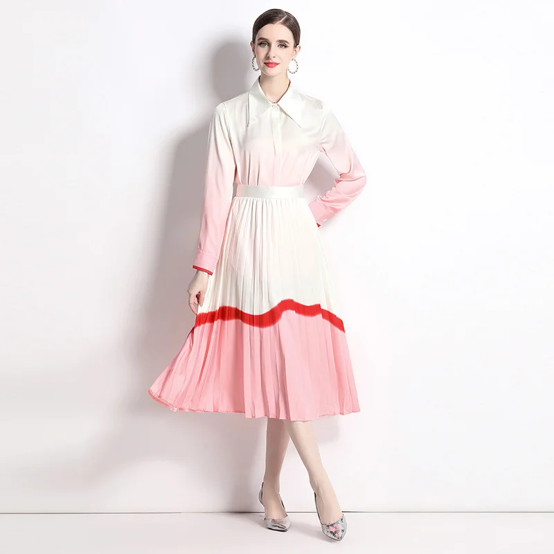 New Spring Summer Fashion Pink 2 Piece Set Striped White Turn Down Collar Casual Shirts Office Blouse Tos+Plieated Skirts Sets