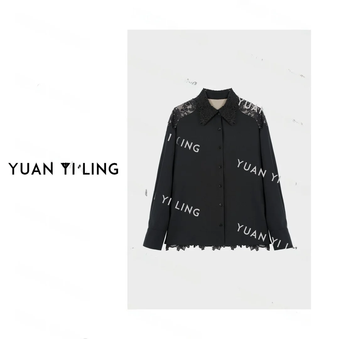 

Yuan Yiling Lace Design Top Black Collar Patchwork Classic Style Winter Casual Straight Cut Long Sleeve Women's Shirt