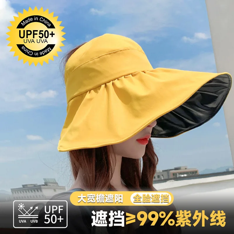 Women 100 Percent Cotton Upf 50 Uv Protection Wide Brim Black Glue Foldable Empty Top Ponytail Bucket Hat Solid Color Portable
