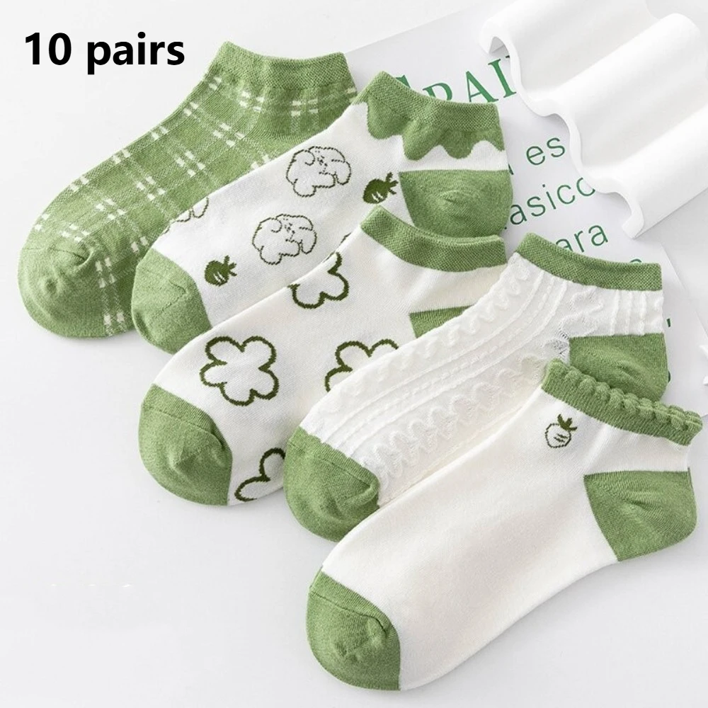 10 Pairs Breathable Women's Mid Length Socks Cartoon Pattern Cute Bear Ankle Socks Sweat Absorption Short Socks Spring