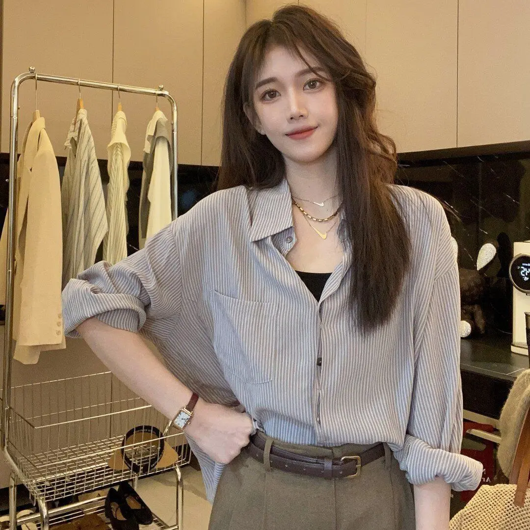 Hong Kong Style Chic Striped Shirt Women Polo Collar Long Sleeve Spring and Summer Korean Loose Versatile Sun Protection Top