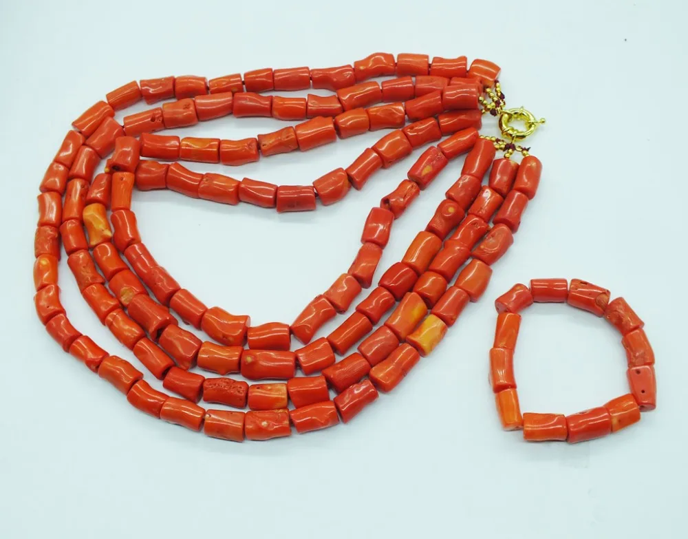 Its gorgeous, natural 4 layer irregular coral necklace  Nigerian African Wedding Beads Jewelry Set