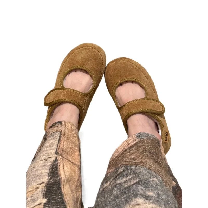 

Slip-On 2026 Autumn Winter Rubber Sole Round Toe Plush Cotton Women's Shoes Thick Heel Mary Janes Fleece Lined Casual Fur