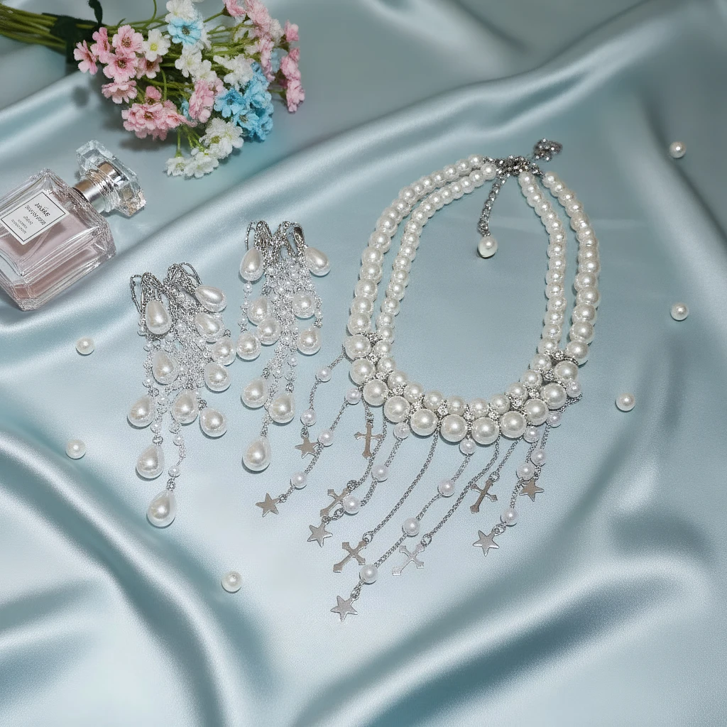 

Набор из 3 предметов: элегантный винтажный ювелирный комплект для женщин — ожерелье с кисточками и жемчугом, блестящий хрустальный чокер, свадебные серьги для вечеринок