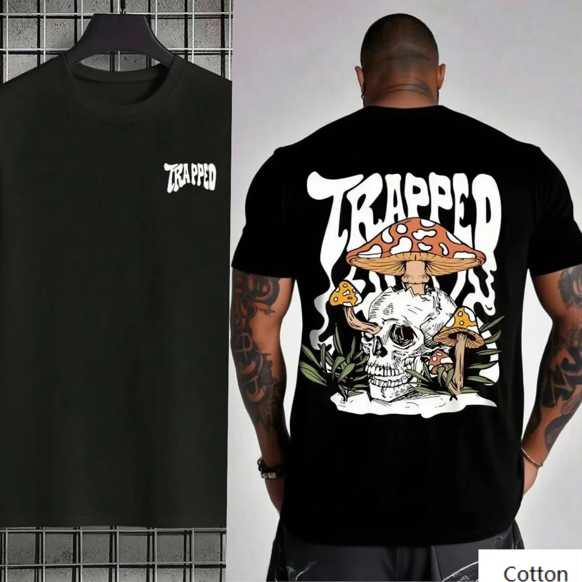 

Men's Cotton T - Shirt with Unique Trapped Skull Mushroom Print Trendy Graphic Tee for Casual Wear Eye - Catching Tee S-4XL