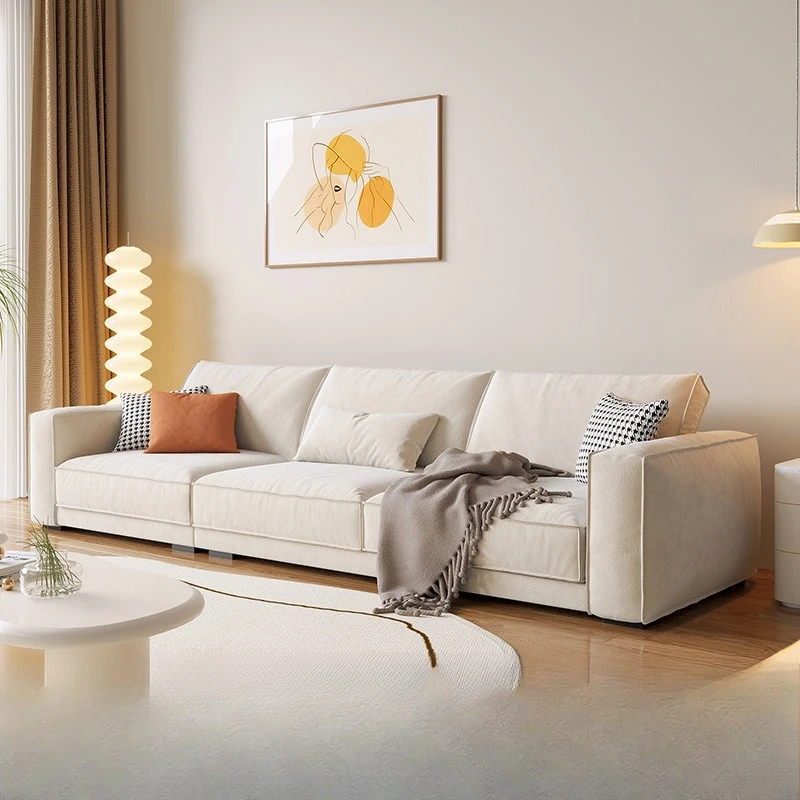 Fabric sofa Nordic simple modern small apartment living room straight row three-person cream wind tofu sofa