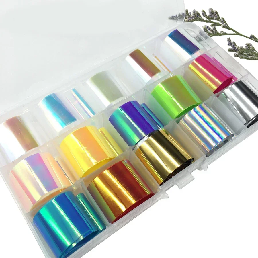 15 Uds. De láminas para uñas láser con cielo estrellado, brillo colorido, efecto arcoíris, láminas decorativas para manicura DIY