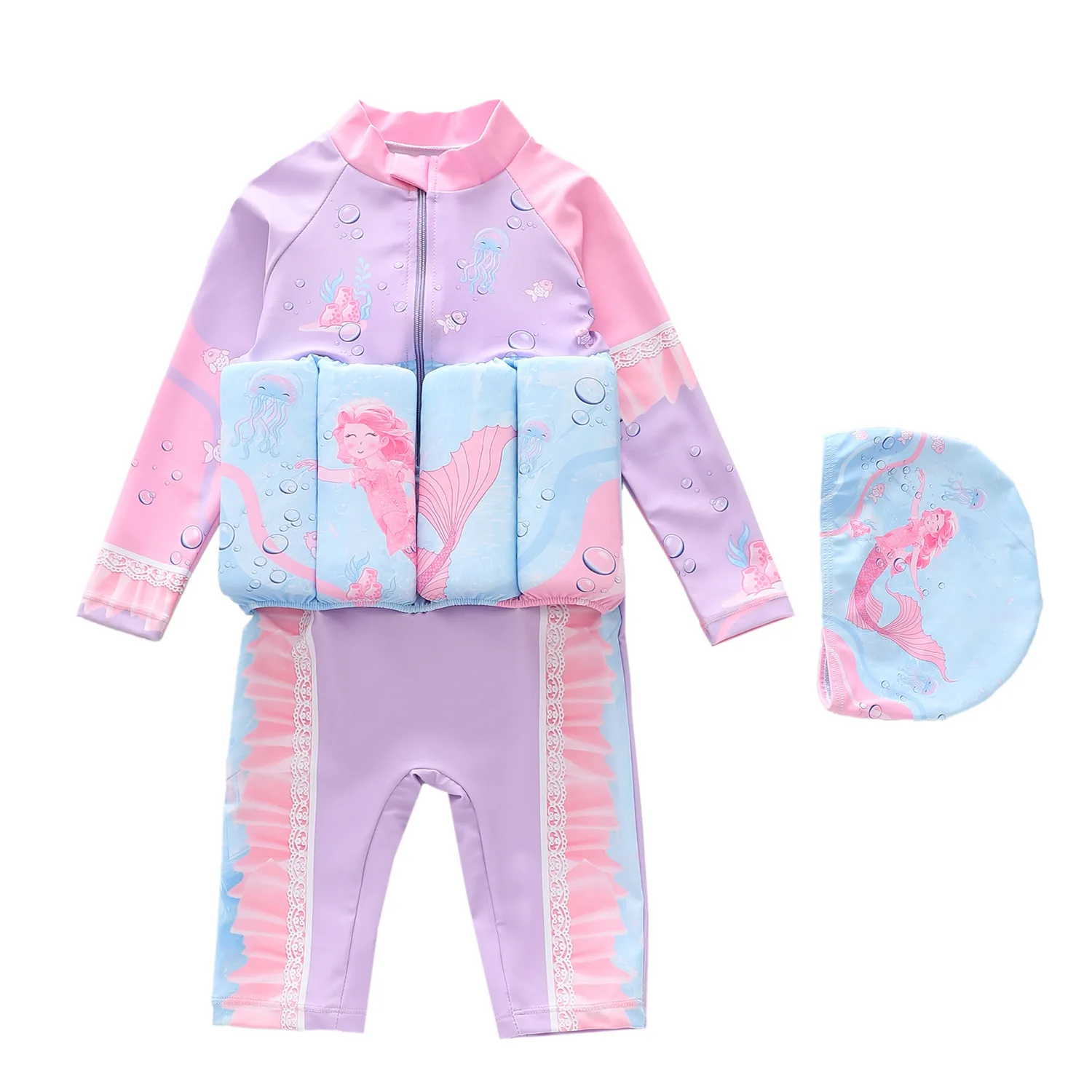 HappyFlute New Cartoon Printed Baby Girls One-piece Long Sleeve Surf Suit Hipster Buoyancy Swimsuit