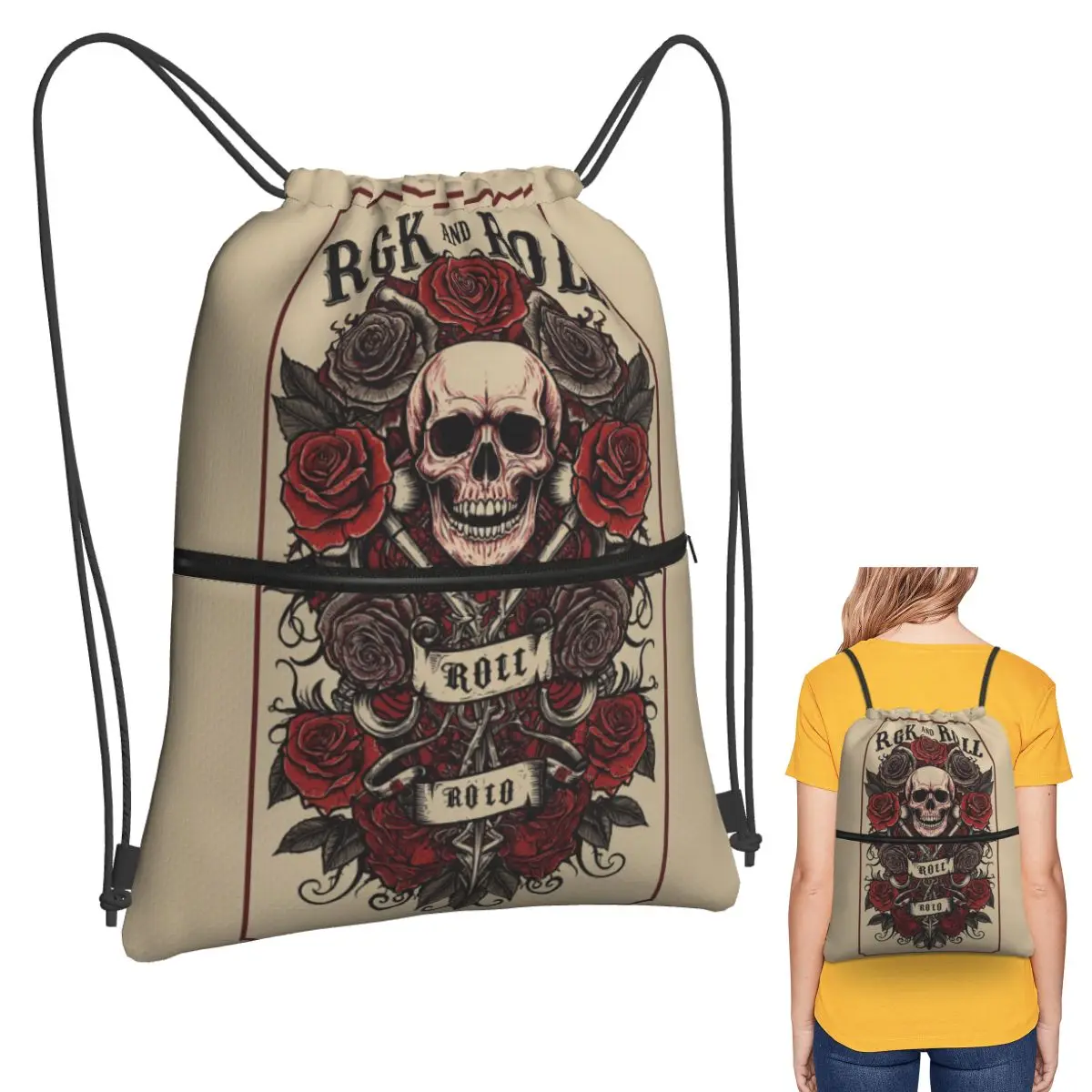 Crazy Rock Skull Rose Backpacks Casual Drawstring Bags Shoes Bag Book Bags for Travel Students
