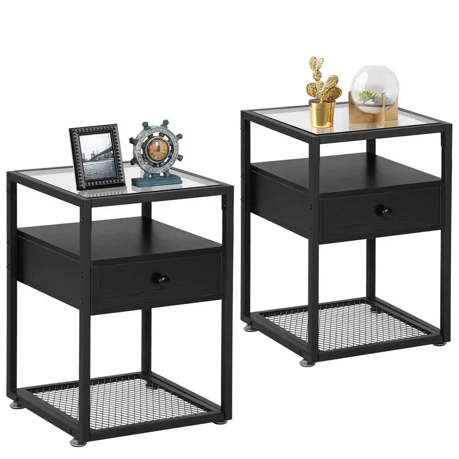

Прикроватная тумбочка, современная тумбочка с ящиком, тумбочка для гостиной и спальни, закаленное стекло, комплект из 2 штук, черный цвет