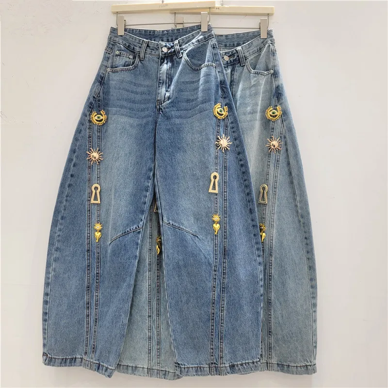 2026 Spring Metal Buckle Decoration Mid Waist Wide Leg Cowboy Pants Washed Bent Knife Pants Casual Versatile