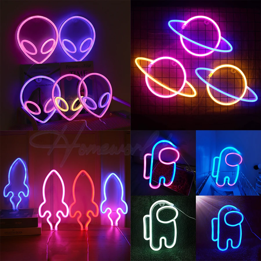 Planet Spaceman Alien Neon Lampu Tanda Pola Roket Lampu Model LED Dekorasi Kamar Anak-anak Dinding Pesta Ulang Tahun Natal Hadiah Toko