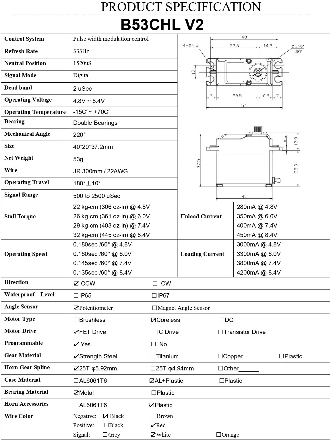 Agfrc b53bhl v2 b53chl v2 31kg 32kg magnetisches wasserdichtes kernloses Drehmoment schnelles programmier bares bürstenloses Standard-RC-Servo – Detail 5