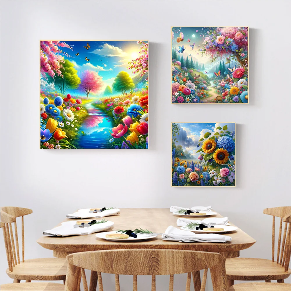 5D Diamond Colorful Flower Sea Painting And Butterflies Bee DIY Mosaic Stitch Kits Full Drills Embroidery Cross Stitch Decor Art