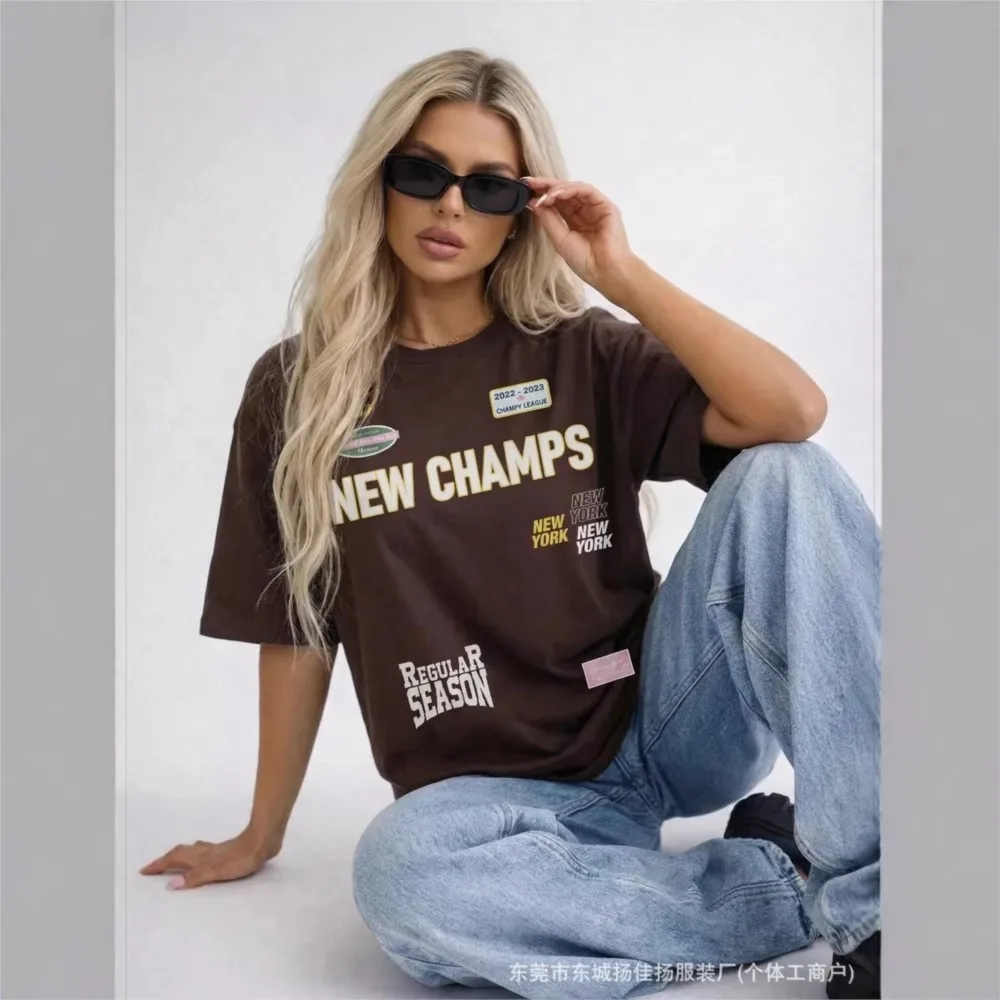 

2026 Summer Casual Retro Short Sleeve Tops T Shirt Tees Women's T-shirts Street Style Hip Hop Loose Fashionable Print Round Neck