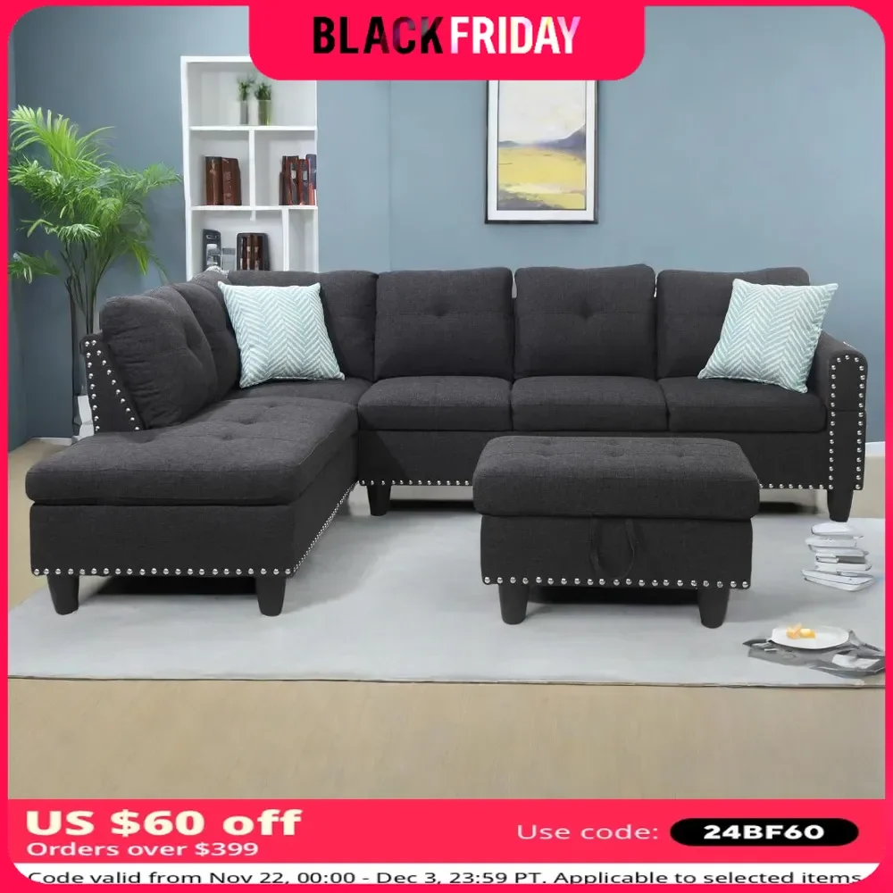 Sofa Furniture Set with Storage Ottoman, Right Hand Facing Chaise Longue and Cup Holder and Pillow, Dark Grey Sofa