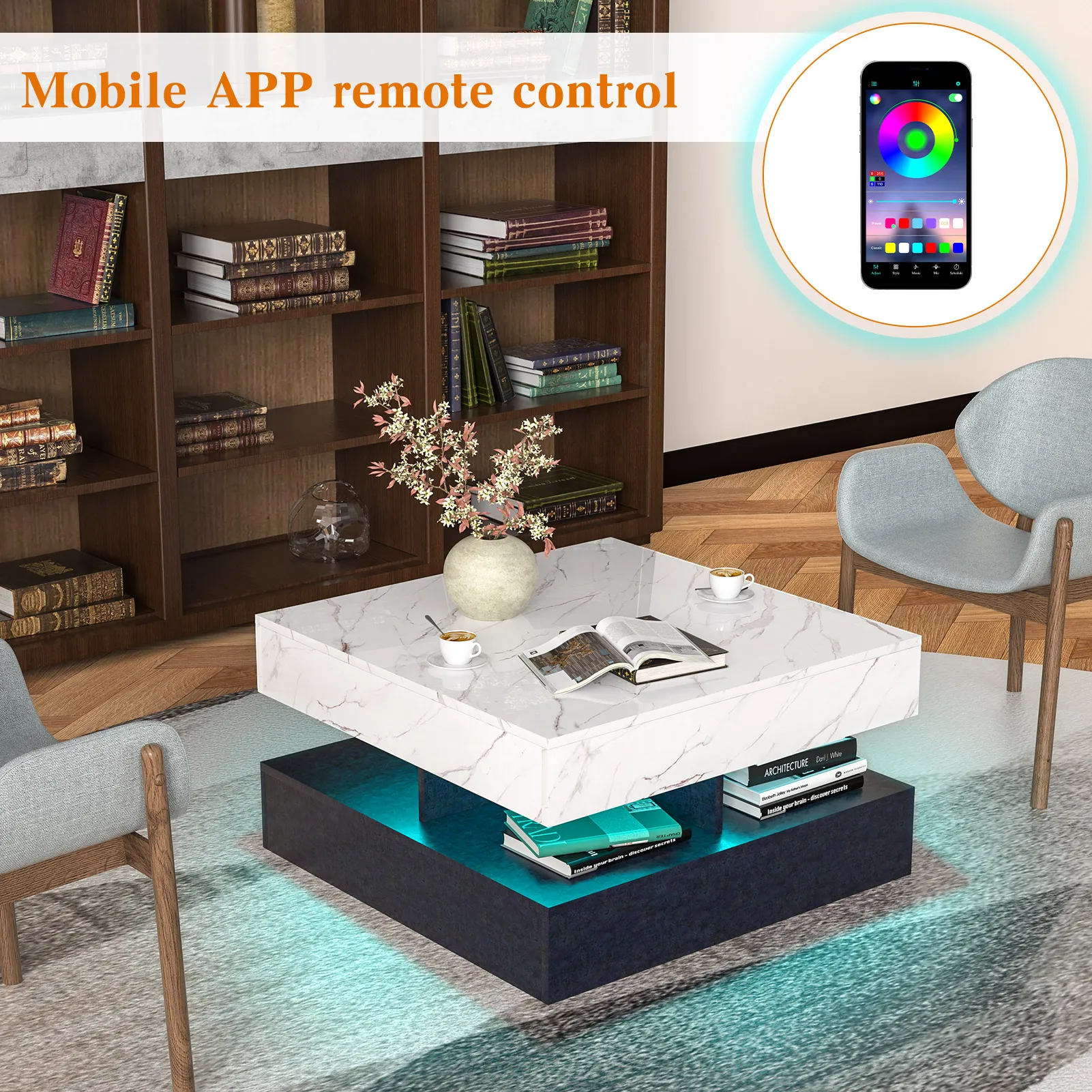 Square Coffee Table, LED Coffee Table for Living Room, 2-Tier Modern Middle Center Table, Coffee Table with Plug-in LED Light, C