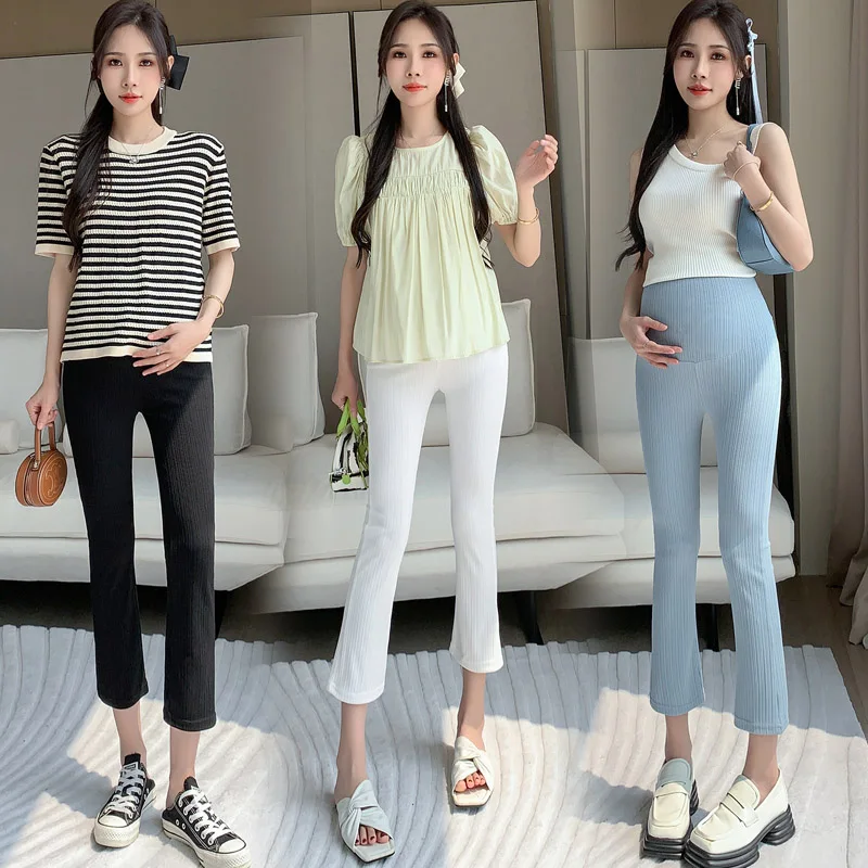 

Summer Cool Ice Silk Maternity Flare Trousers High Waist Pregnant Woman Belly Pants Stretched Pleated Boot Cut Blue Black White