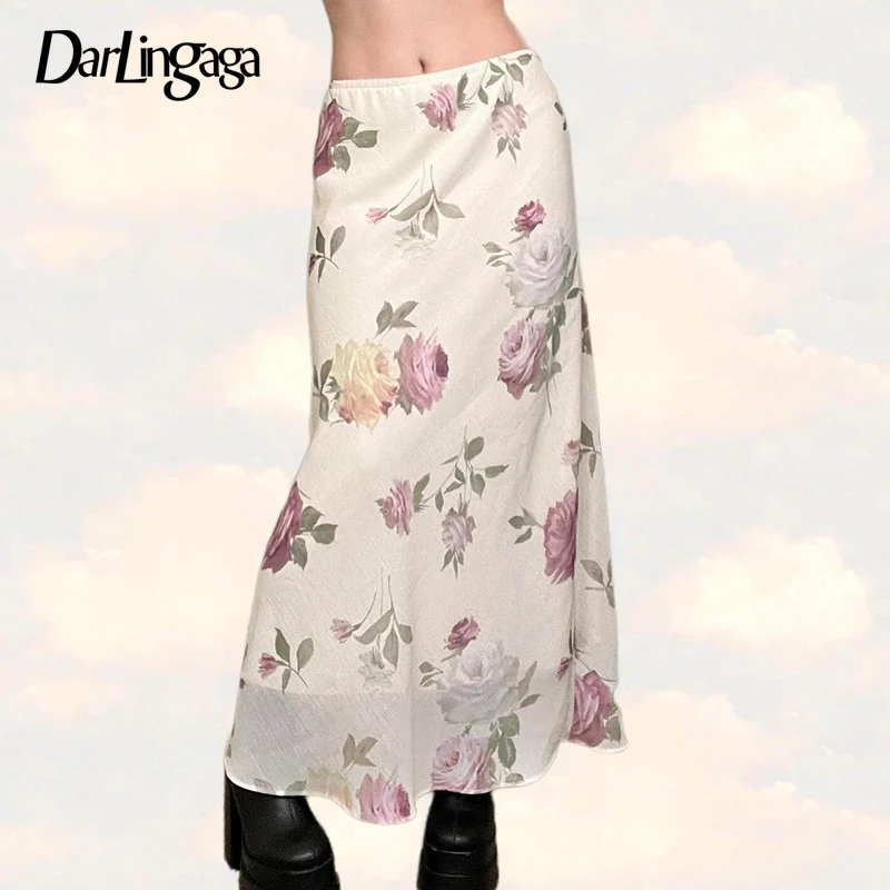 

Darlingaga Korean Fashion Flowers Printed Chiffon Skirt Women Beach Holidays French Summer Long Mesh Skirt Double Layer Outfits