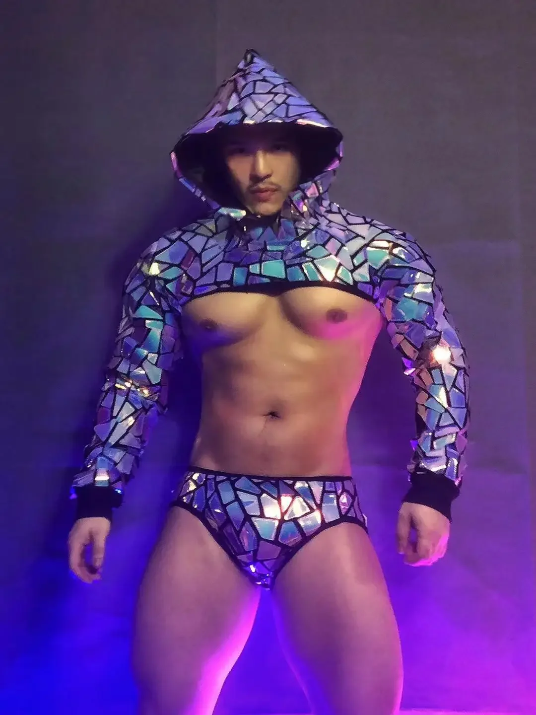 보라색 블루 레이저 미러 탑 반바지 스팽글 복장 GOGO 가수 댄서 DJ 장대 댄스 의상 바 나이트 클럽 파티 섹시한 무대 착용