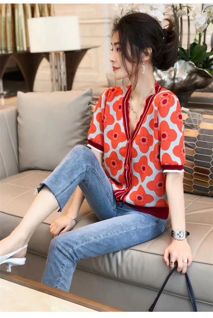 small fragrance wind patchwork color jacquard ice silk cotton short sleeve cardigan women\'s summer loose wood ear edge V-neck T-