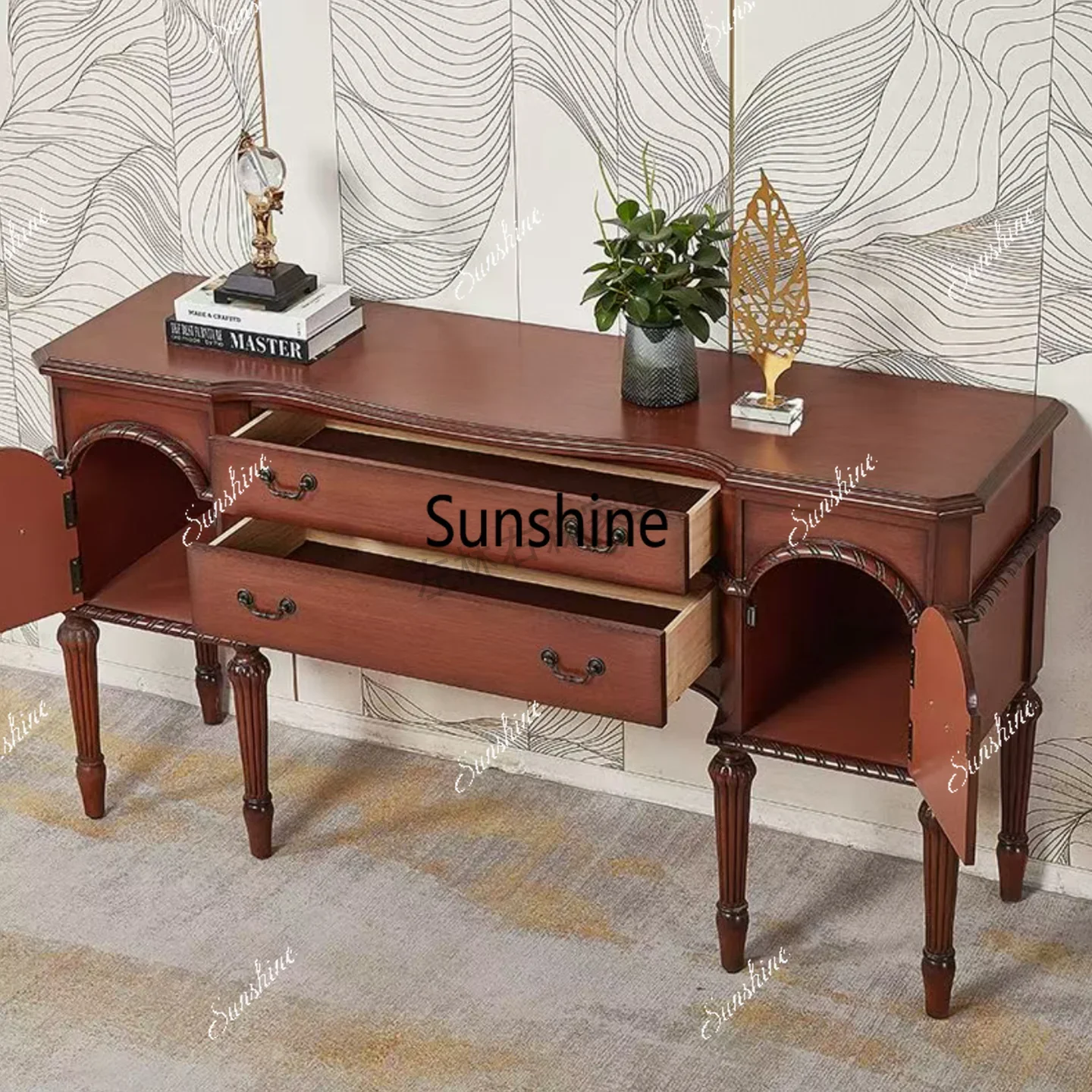 French retro solid wood dining side cabinet carved locker drawer storage cabinetTJ