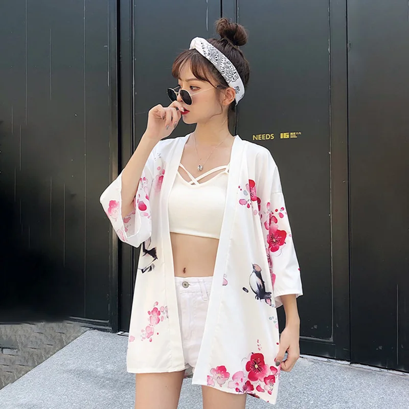 Chinese-Style Retro New Chinese-Style Improved Hanfu Cape, Beautiful Girl Print Kimono Cardigan, Haori, Summer Casual Beach Vacation Cover-Up, Sun Protection Clothing